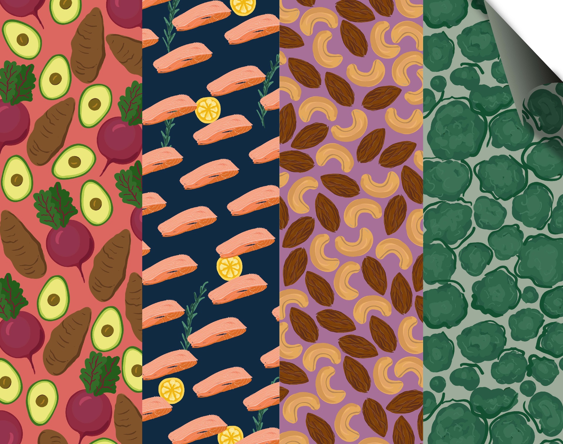 Set of four hand-illustrated food repeat patterns